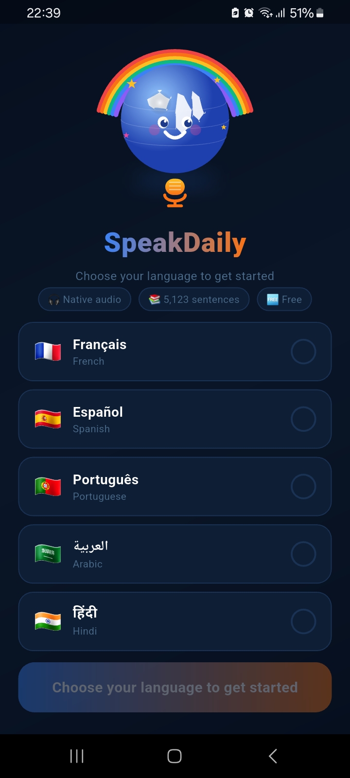SpeakDaily Language Selection